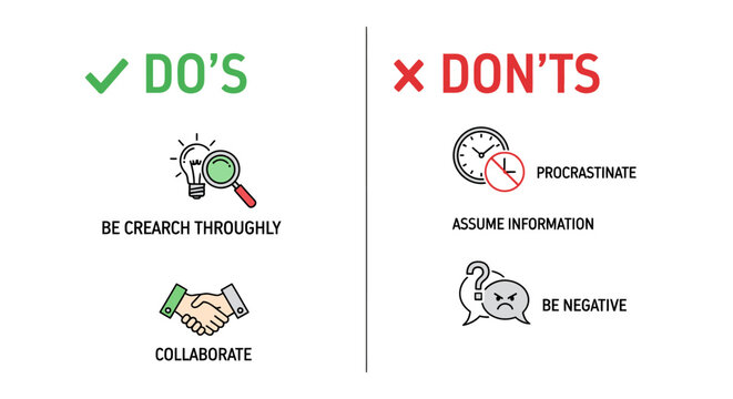 Do's and Don'ts business infographic template with icons for workflow or rule concept. Minimalist vector illustration.