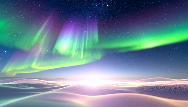 Dreamy celestial spectacle unfolds as vibrant aurora borealis paints the night sky with smooth, colorful light over an ethereal winter wonderland
