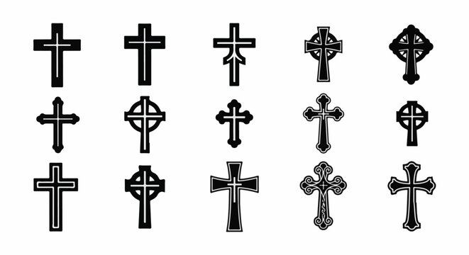 A collection of diverse black and white cross designs on a white background