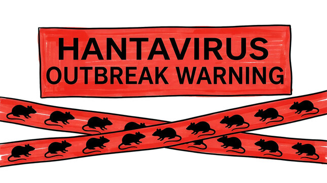 Warning sign with hantavirus outbreak alert and rodent illustrations on caution tape