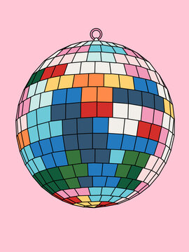 Party Mirrored Disco Ball Vector Illustration in Rainbow Colors Against Pink Background
