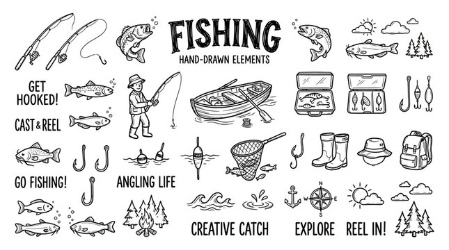 Fishing Hand Drawn Icon Collection.