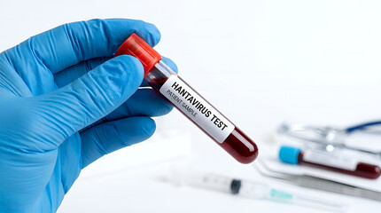 Fototapeta premium A gloved hand holds a blood test tube labeled SARS-CoV-2 near medical equipment.