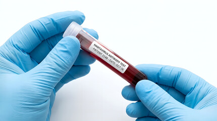 Fototapeta premium Medical professional handling a blood sample in a lab setting with gloves on