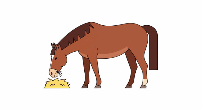 A cartoon brown horse with a dark mane and tail eats hay