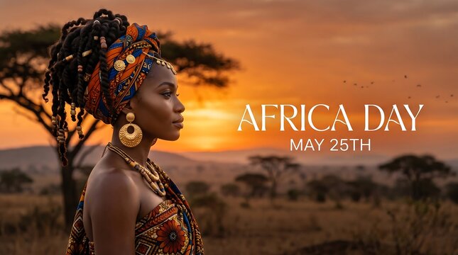 Happy Africa Day - Elegant African Woman Profile Against Golden Sunset Sky