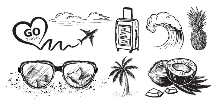 Hello Summer, palm tree, watermelon, pineapple. Hand drawn illustration.