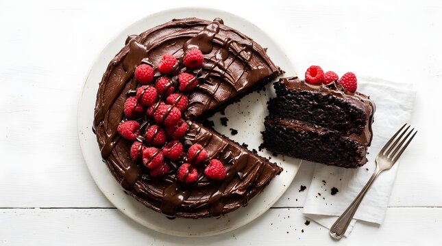 Delicious chocolate layer cake topped with fresh raspberries and chocolate frosting, sliced on white background, gourmet dessert