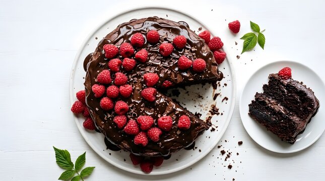 Delicious chocolate layer cake topped with fresh raspberries and chocolate frosting, sliced on white background, gourmet dessert