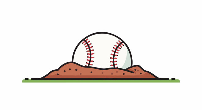A baseball sits half-buried in a mound of dirt on a green patch