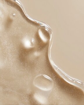 Close up transparent serum texture with fine shimmer and smooth curved lines on warm beige background. Skincare concept focused on glow and hydration.