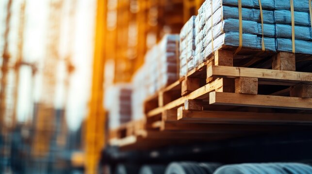 Stacks of wooden pallets filled with construction materials at a bustling construction site, symbolizing industry and progress in the modern urban landscape.