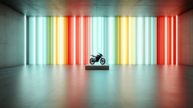 A sleek motorcycle stands prominently in a minimalist gallery space, surrounded by vibrant neon lights, harmonizing craftsmanship with contemporary artistic expression.