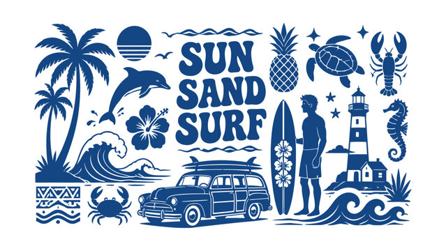 Vintage surf and beach lifestyle illustration with tropical elements