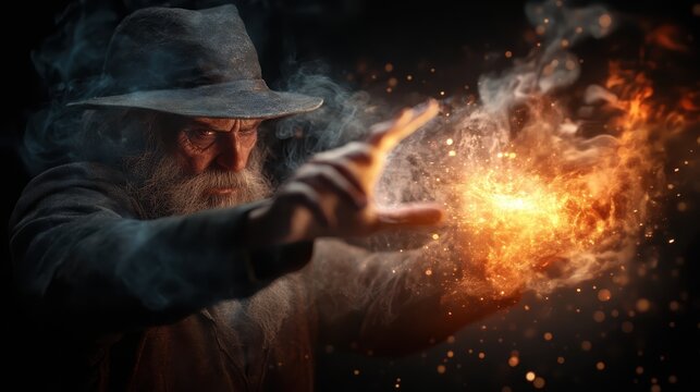 An elderly wizard appears to channel fire magic, summoning an explosive burst of flames in the shadows, showcasing mystical energy and dark ambiance surrounding him.