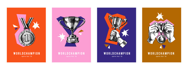 Obraz premium Banners with sport trophies, medals and cups hand drawn in vintage sketch style. Celebration of athletic victory, motivation and team spirit. Vector illustration