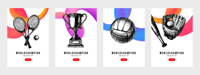 Obraz premium Banners with sport trophy, medal and cup, hand drawn in vintage sketch style. Celebration of athletic victory, motivation and team spirit. Vector isolated illustration