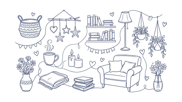Cozy living room interior illustration with books and plants