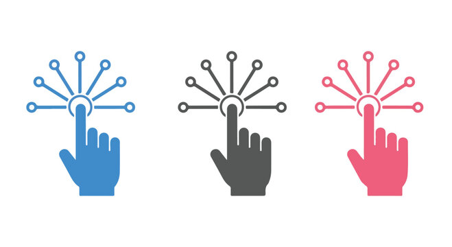Three colorful hand cursor icons in blue gray and pink with digital connection symbols on a white background
