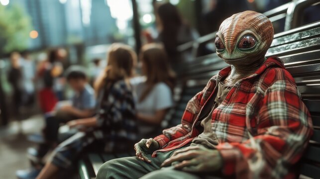 An intriguing alien character sitting on a bench in a bustling urban area brings elements of fantasy into everyday life, blending the ordinary with the extraordinary vibe.