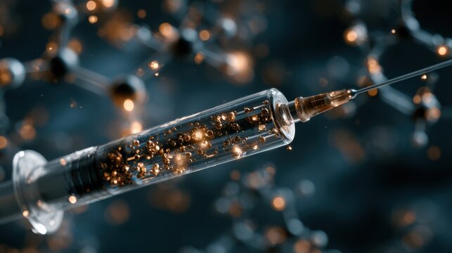 A self-assembling peptide hydrogel scaffold contained within a syringe, highlighting advanced biomaterial technology for medical and tissue engineering applications.