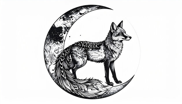 Fox silhouette on crescent moon graphic