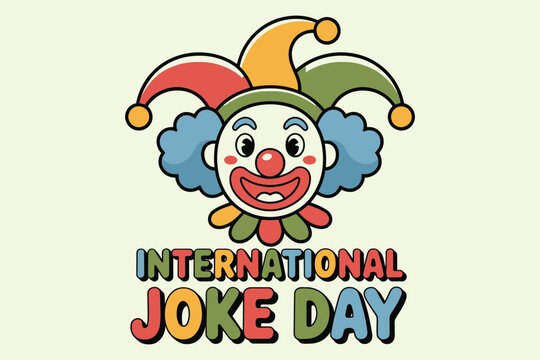 International joke day banner with colorful jester character and playful typography style.