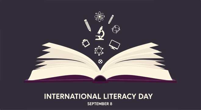 Open book with floating icons representing knowledge and learning for International Literacy Day celebration