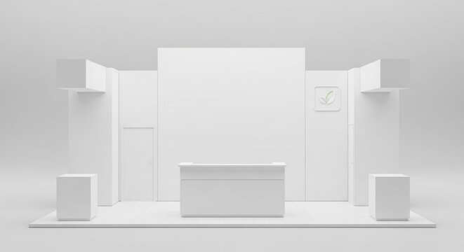 Minimalist all-white exhibition stand 3D render with a central counter, side display walls, and pedestals, ready for branding at a trade show.