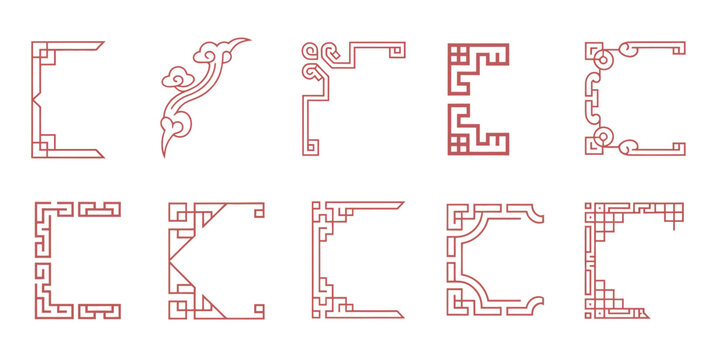 Chinese Traditional Corner Frame Set Featuring Red Decorative Border Pattern Elements Asian Lunar New Year Ornament Vector Collection Editable Stroke Design