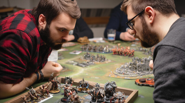 Players examining hand-painted fantasy miniatures before battle begins ,serious wargaming player, two guys playing in board game, men looking on his miniatures, photo style