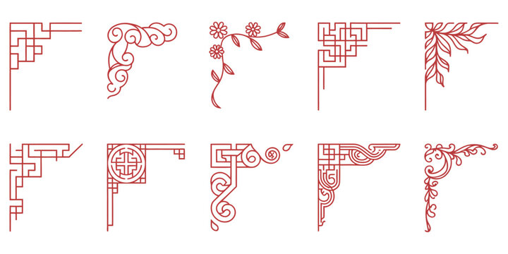 Chinese Traditional Corner Frame Set Featuring Red Decorative Border Pattern Elements Asian Lunar New Year Ornament Vector Collection Editable Stroke Design