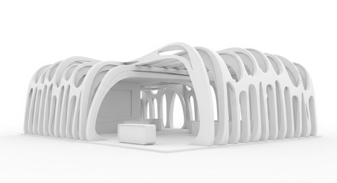 Modern white architectural structure with a parametric, ribbed design, resembling an exhibition pavilion or temporary building, rendered against a clean white background.