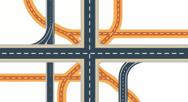 A complex, multi-level highway interchange illustration with orange ramps and grey borders