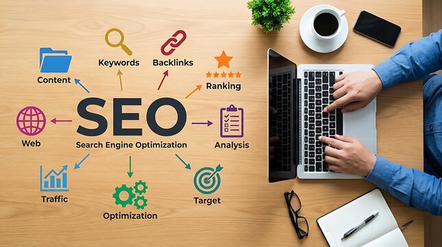 Search engine optimization concept with infographic icons, person working on laptop, coffee, and notebook on wooden desk.