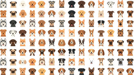 Dog breed avatar vector mega collection featuring cute cartoon puppy faces, pet heads, husky, pug, retriever, corgi, and domestic canine icons on white background. © Mdjony
