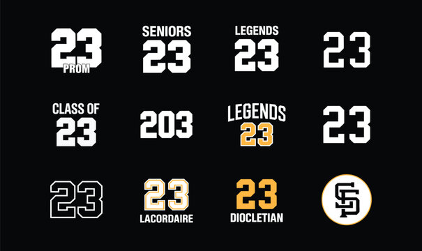 Varsity jersey number 23 font collection with vector athletic college sport typography on dark background