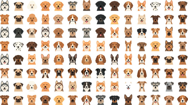 Dog breed avatar vector mega collection featuring cute cartoon puppy faces, pet heads, husky, pug, retriever, corgi, and domestic canine icons on white background.