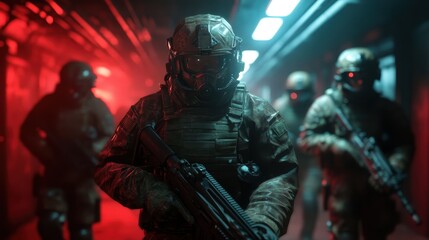 Obraz premium This dramatic image displays military soldiers in combat gear, exuding confidence and authority as they move through a high-tech environment, prepared for any challenge.