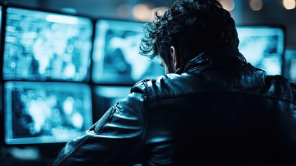 Fototapeta premium A mysterious individual immersed in a digital landscape, analyzing crucial information across multiple screens, reflecting the essence of tech-driven analytics in modern society.