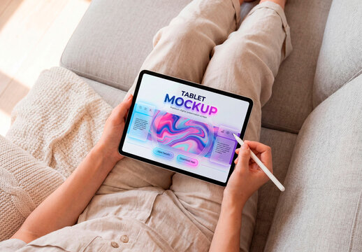 Tablet mockup in cozy living room setting
