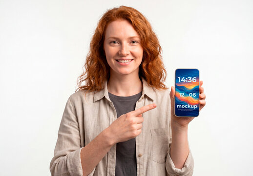 Woman pointing at smartphone with blank screen
