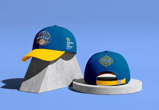 White baseball cap mockup front and back on minimal pedestal