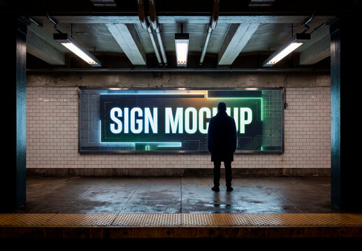 Subway station illuminated billboard mockup with silhouette