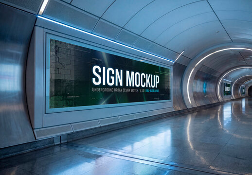 Futuristic tunnel billboard mockup in subway corridor