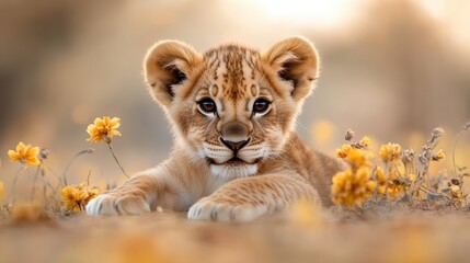 Obraz premium A charming lion cub lies amongst vibrant yellow flowers, capturing playful innocence and the beauty of wildlife in a serene natural setting, radiating joy and cuteness.