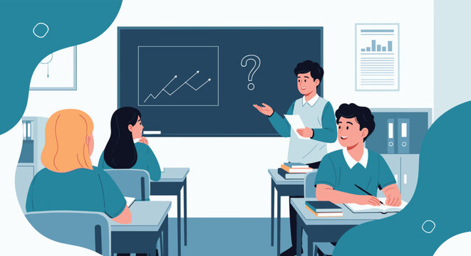 Male teacher stands by the blackboard in a classroom and points at a graph to explain a lesson to attentive students sitting at their desks.