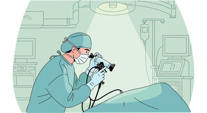 Surgeon Performing Endoscopic Surgery in Operating Room Anesthesia Monitor Modern Medical Procedure
