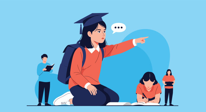 Determined young student in a graduation cap points toward the future while other classmates are busy studying and reading behind her.