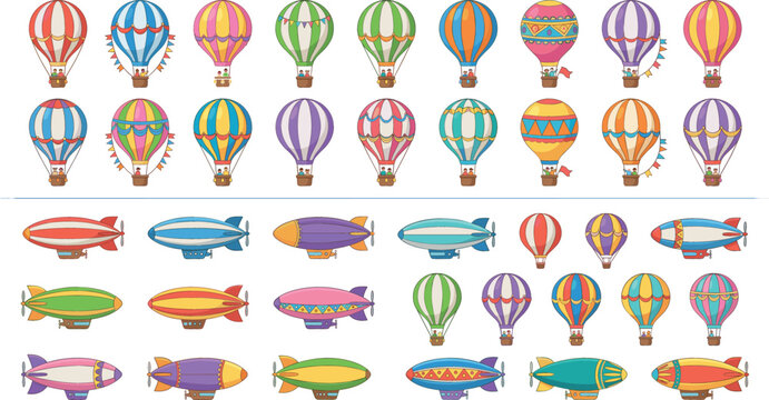 Large collection of colorful hot air balloons and vintage blimps airships vector icons set isolated on white background for festival travel design elements.